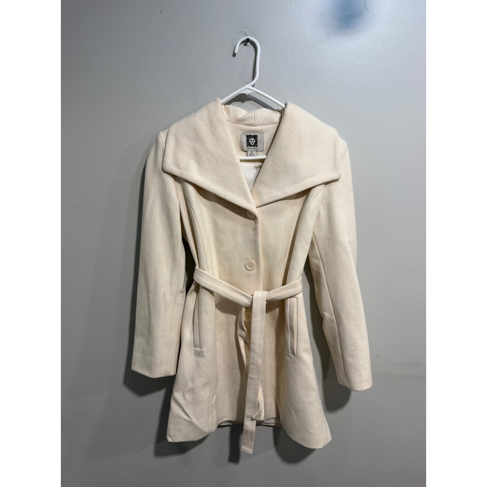 Anne Klein Cream Wool Blend Belted Wrap Coat Portrait Collar Ivory Size M
